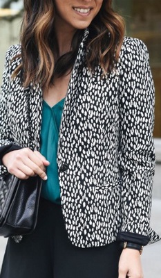 What color top can I wear with a black & white print jacket?