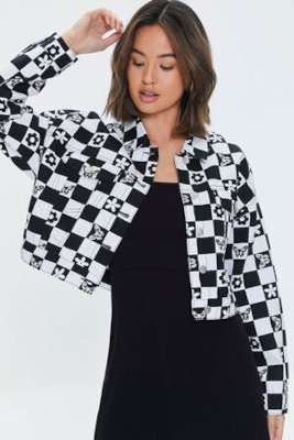 What color top can I wear with a black & white print jacket?