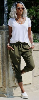 What color top goes with green jogger pants?