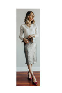 What style of top can I wear with a winter white sequin skirt?